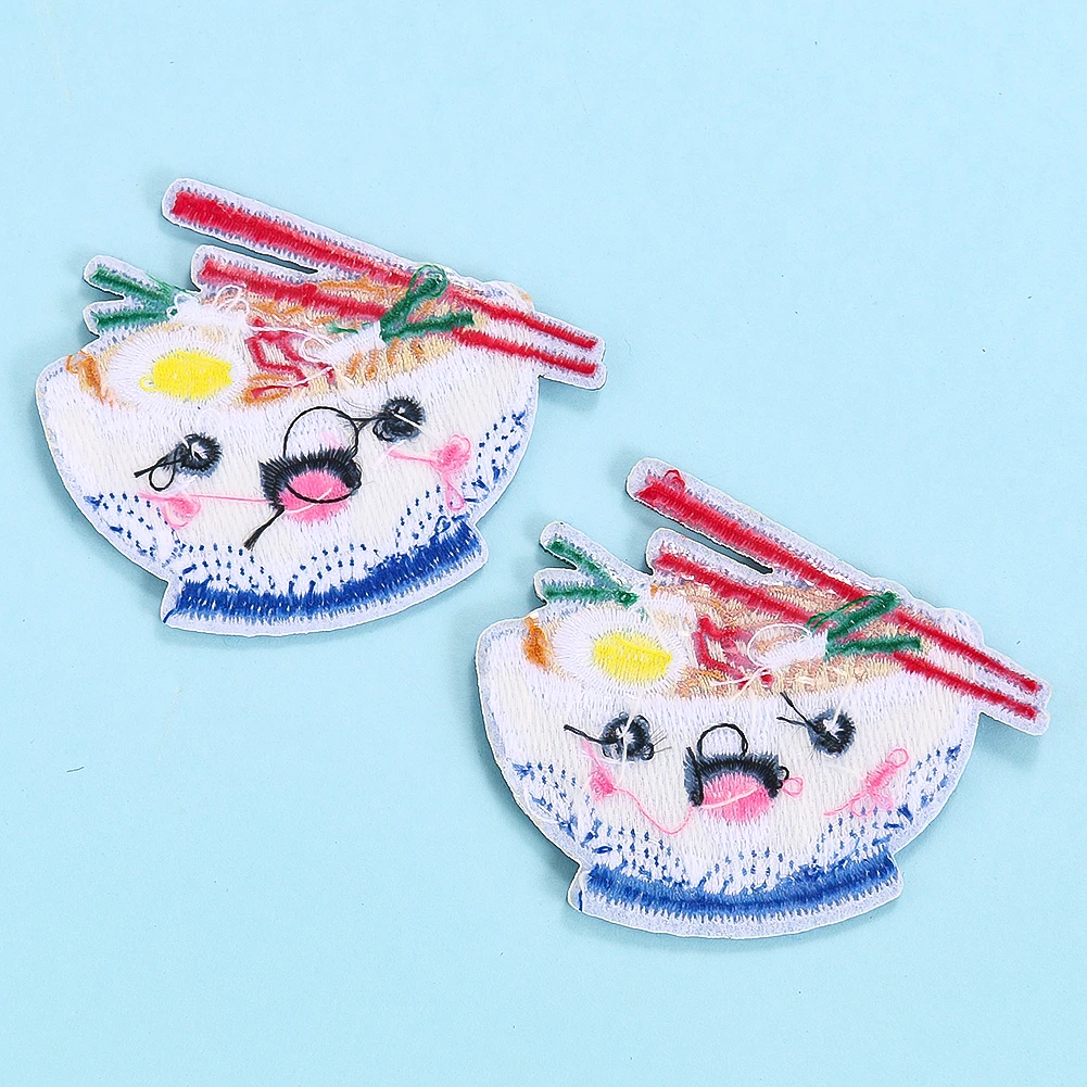 2PCS Cute Cartoon Bowl Noodles Embroidery Patch DIY Apparel Sewing Supplies Iron on Patches for Clothes Children\'s Coat Stickers