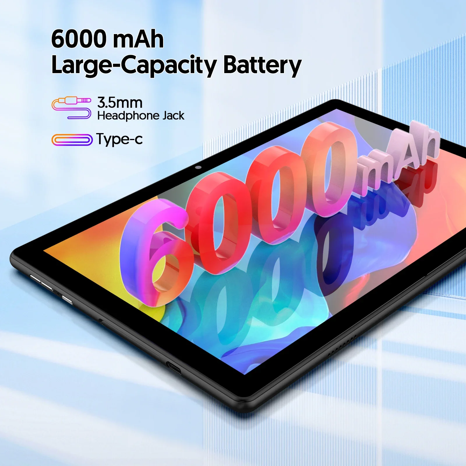 BAKEN 10-inch tablet with SIM card slot, Android 15, Wi-Fi, GPS, Bluetooth, 64GB storage, dual speakers, USB-C port