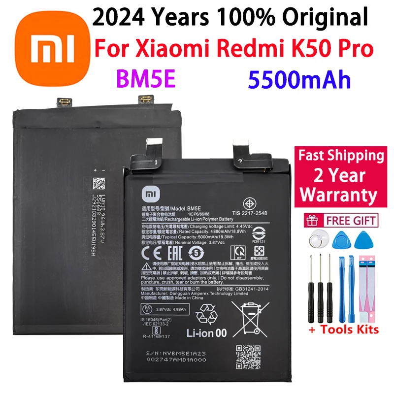 

2024 Years 100% Original High Quality BM5E 5500mAh Battery For Xiaomi RedMi K50 Pro K50Pro Phone Replacement Batteries Fast Ship