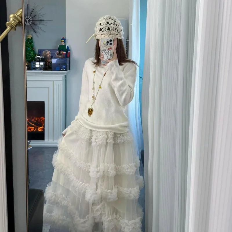 Spring Summer White Fairy Tale Layered Tulle Cake Skirt Women's Heavy Embellished Puffy Half-length Skirt Casual Style
