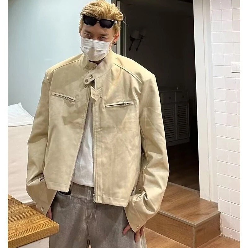 

High Street Vintage Jacket Casual Trendy Maillard Brown Stand-Up Collar LeatherFall Winter American Design Jacket Locomotive