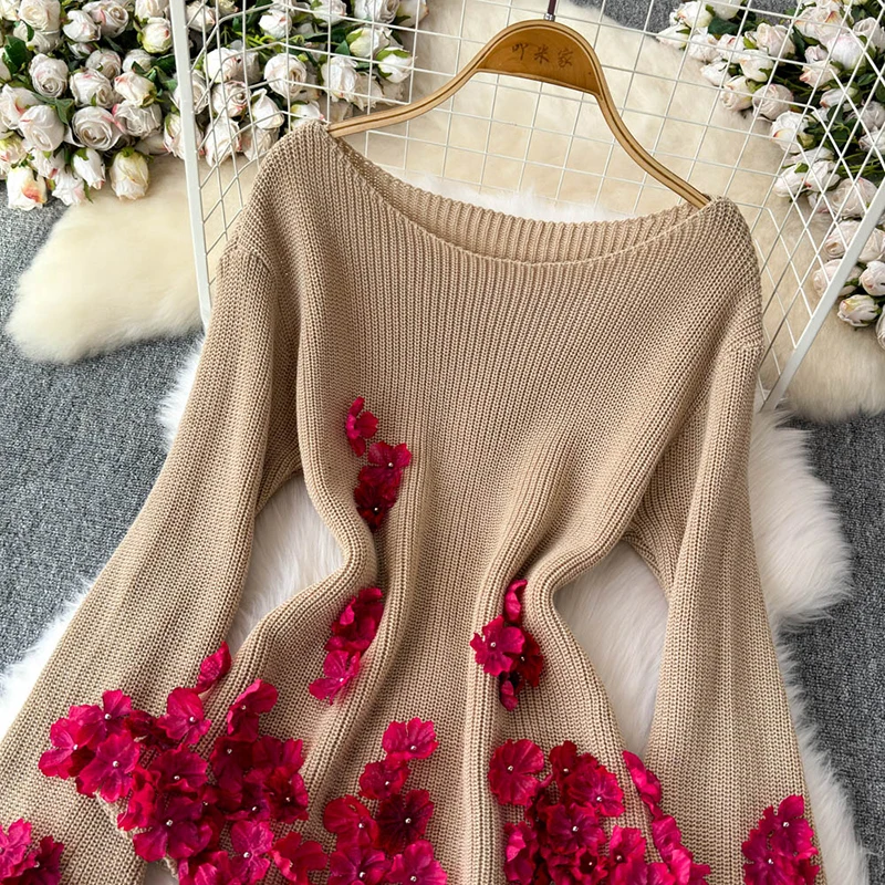 2024 Autumn Women's Sweaters with Flowers Long Flare Sleeve Shoulderless Loose Female Knitting Pullovers Sexy Womens Knitwear