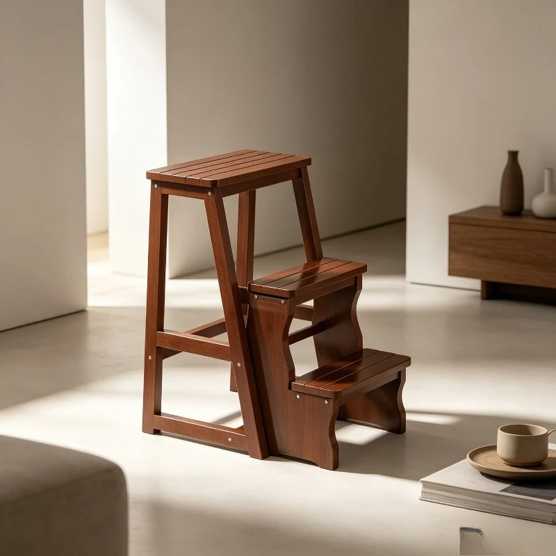 Elite Robust Foldable 3-Step Ladder Stool, Multifunctional Chair & Stand with Non-slip Treads, Wooden Households Utilities Rack.