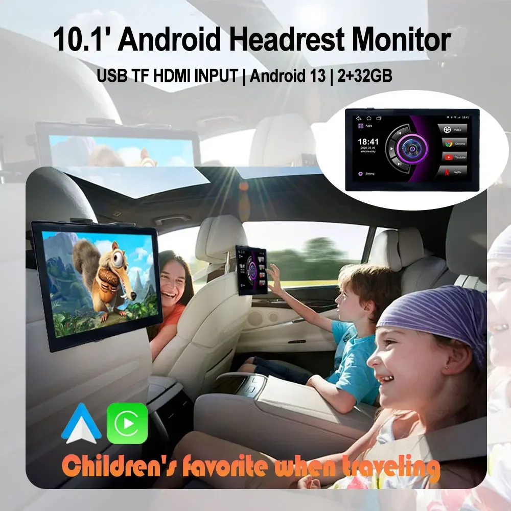10,1 "HD 1280*720P Android 13 Auto Kopfstütze Monitor Tablet Für Rücksitz Multimedia Apple Carplay umgebungs Lichter BT SD HDMI-Eingang