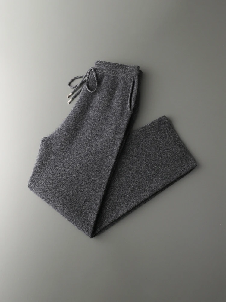 

Autumn Winter New Men's Warm Soft 100% Merino Wool Stretch Waistband Drawstring Wide-Leg Pants Casual Loose Basic Solid Bottoms