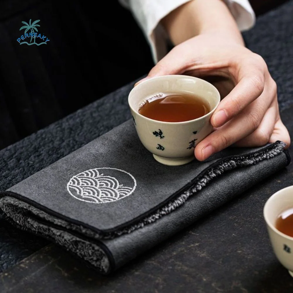 

4 Pcs/Set Water Absorption Vintage Tea Towel Embroidered Pattern Double-sided Zen Tea Cloth Soft Thickened Tea Table Pad