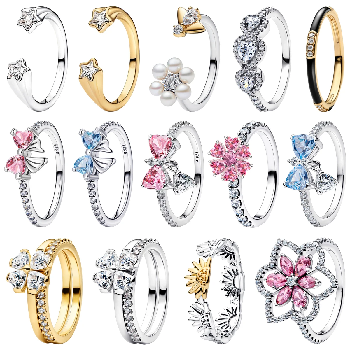 Luxury Original 925 Sterling Silver Heart Bow Pearl Flower Four Leaf Clover Ring fit Women's Fine Jewelry Valentine's Day Gifts