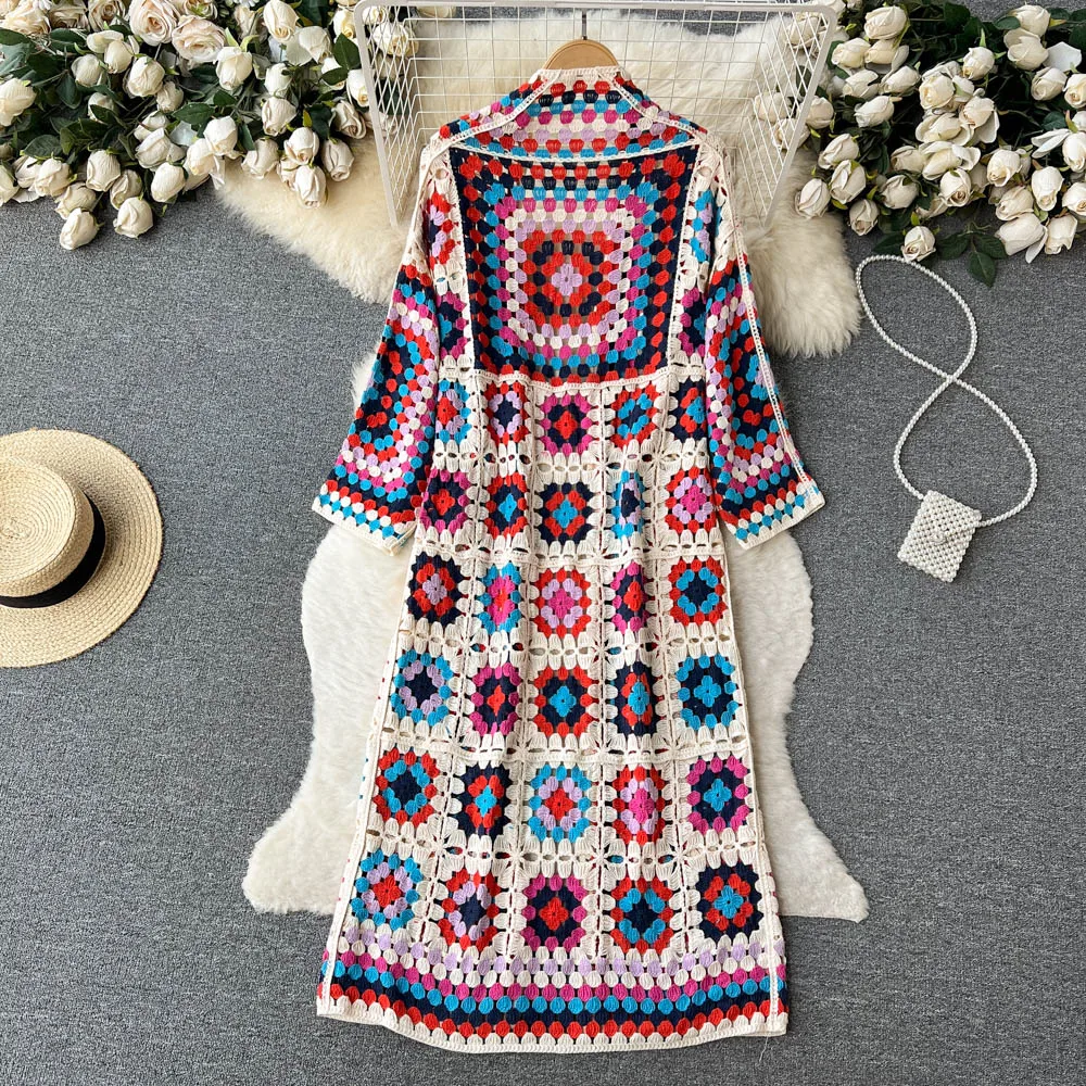 Spring Fall Vintage Bohemian Floral Jacquard Crocheted Cardigan Hollow Flowers Hooked Knitted Sweater Coat Long Sleeve Cape Tops