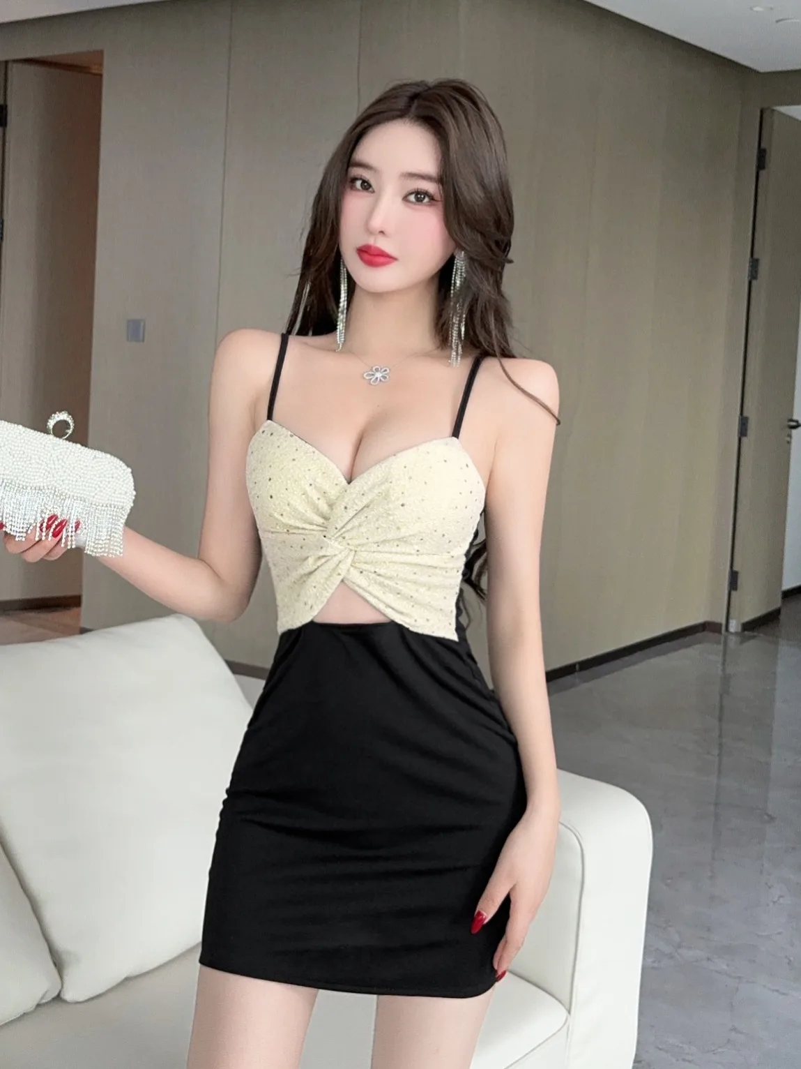 Vestido de dama de honra sexy sem alças, com nó de laço, decote em v, roupa de balada, transmissão ao , saia curta, vesti...