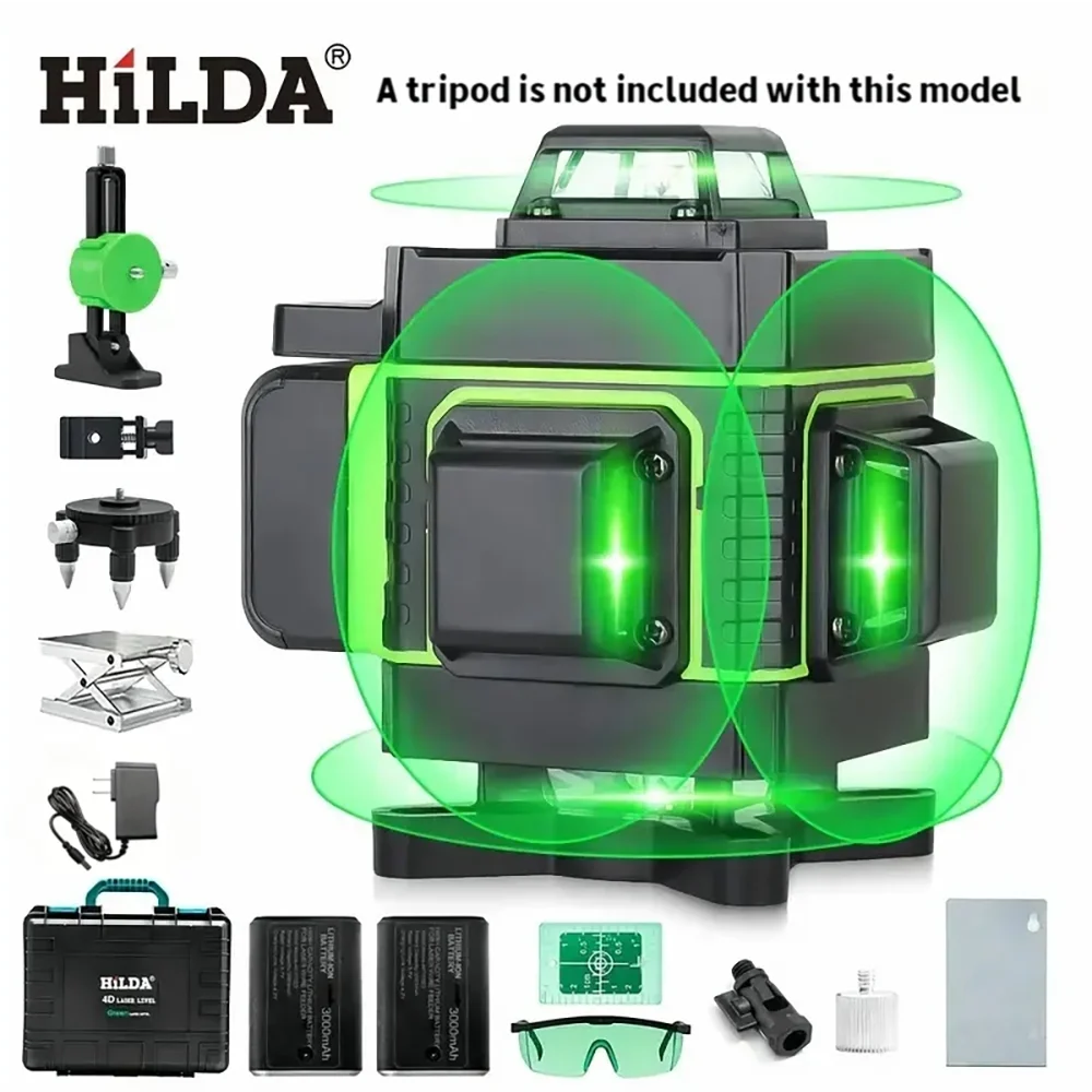 HILDA 16 Lines Laser Level 360°Self-leveling Green Line High Visibility Multi-functional Rechargeable with Storage Box