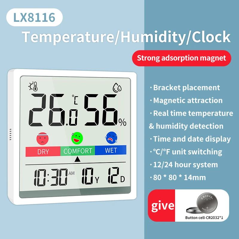 Quarto Hgrômetro Digital com Bateria, Temperatura e Umidade Medidor, Data Clock