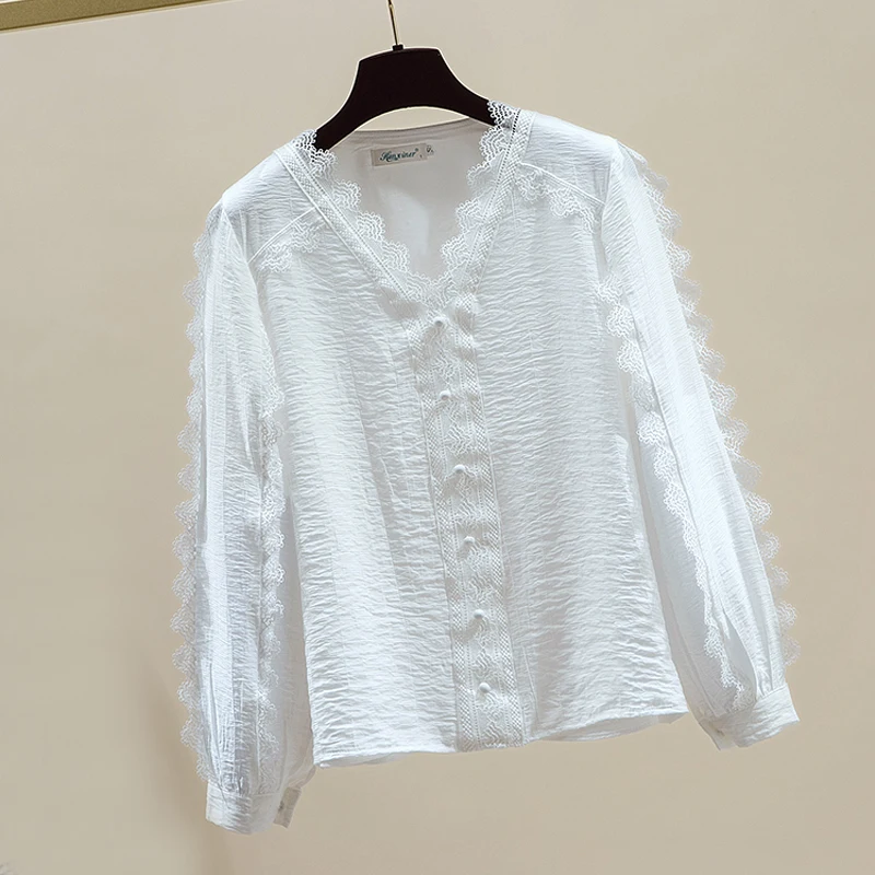 

2023 White Lace Blouse New Early Autumn V Neck Chiffon Lace Shirt Women's New Elegant Loose Long Sleeve Ladies Simple Tops 28559