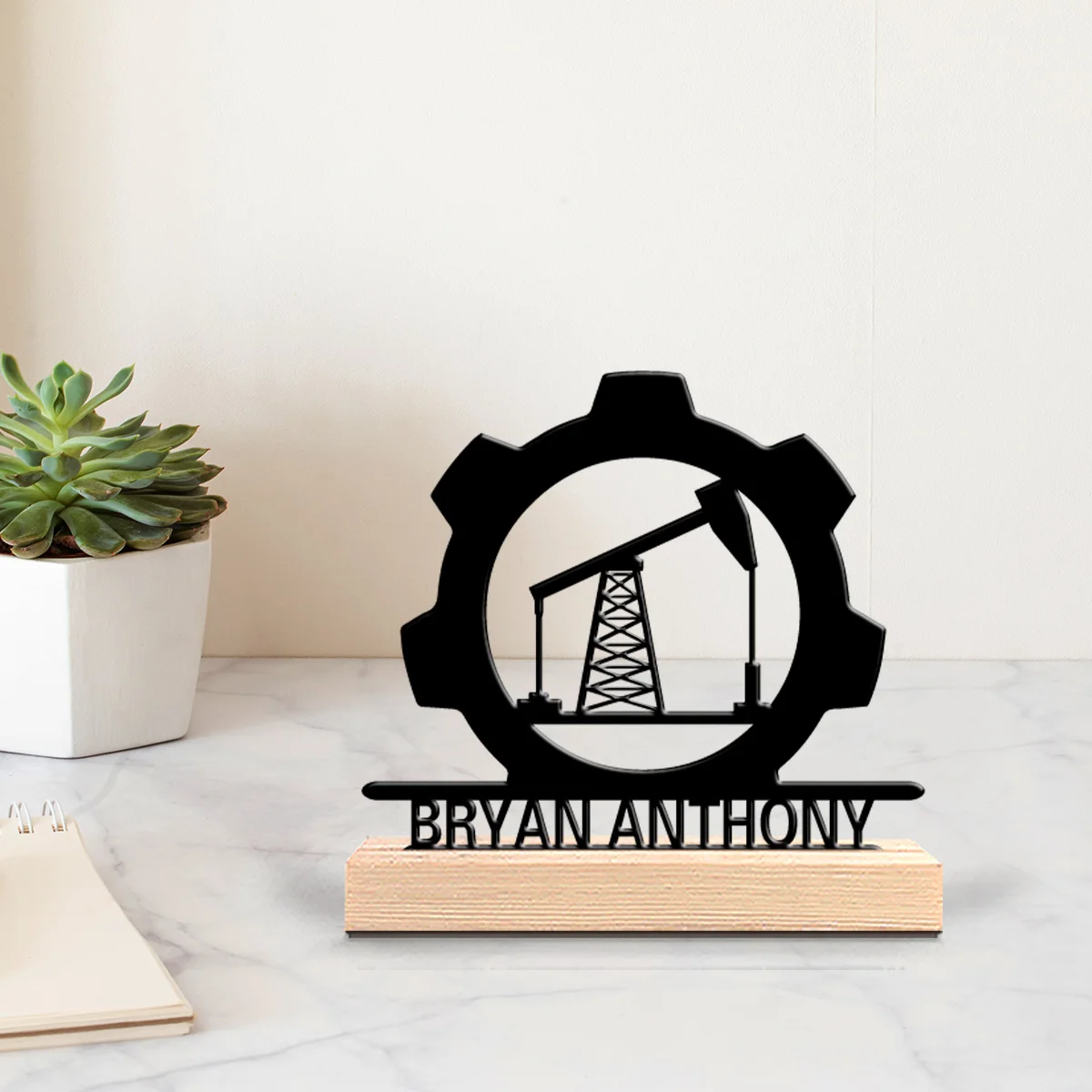 1pc Minimalist Oil pump Customized Letter Metal Statue Iron Ornament Art Figurine With Wood Base Tin Statue Office Desk