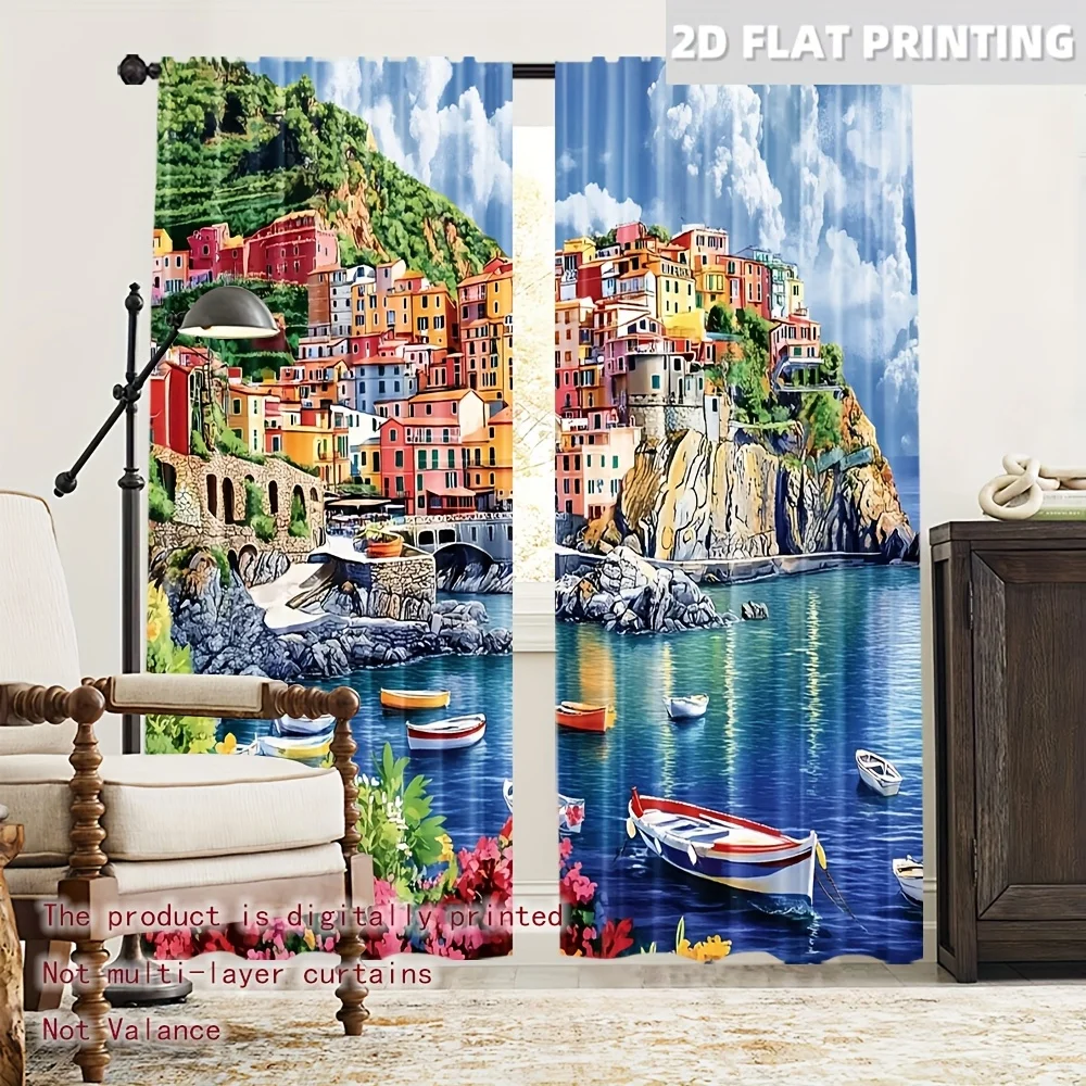 2pcs Coastal Village Curtains Colorful Houses Boat Harbor Print Drape Living Room Dining Room Window Treatment MediterraneanHome