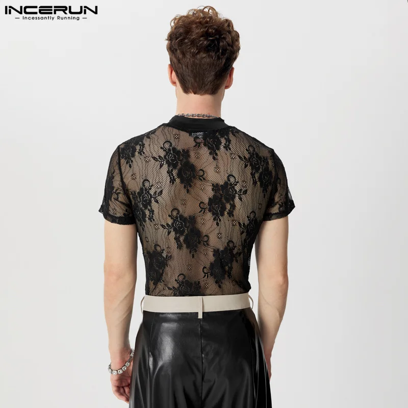 INCERUN Men T Shirt Lace Transparent Turtleneck Short Sleeve Sexy Summer Men Clothing Streetwear 2024 Fashion Party Camisetas