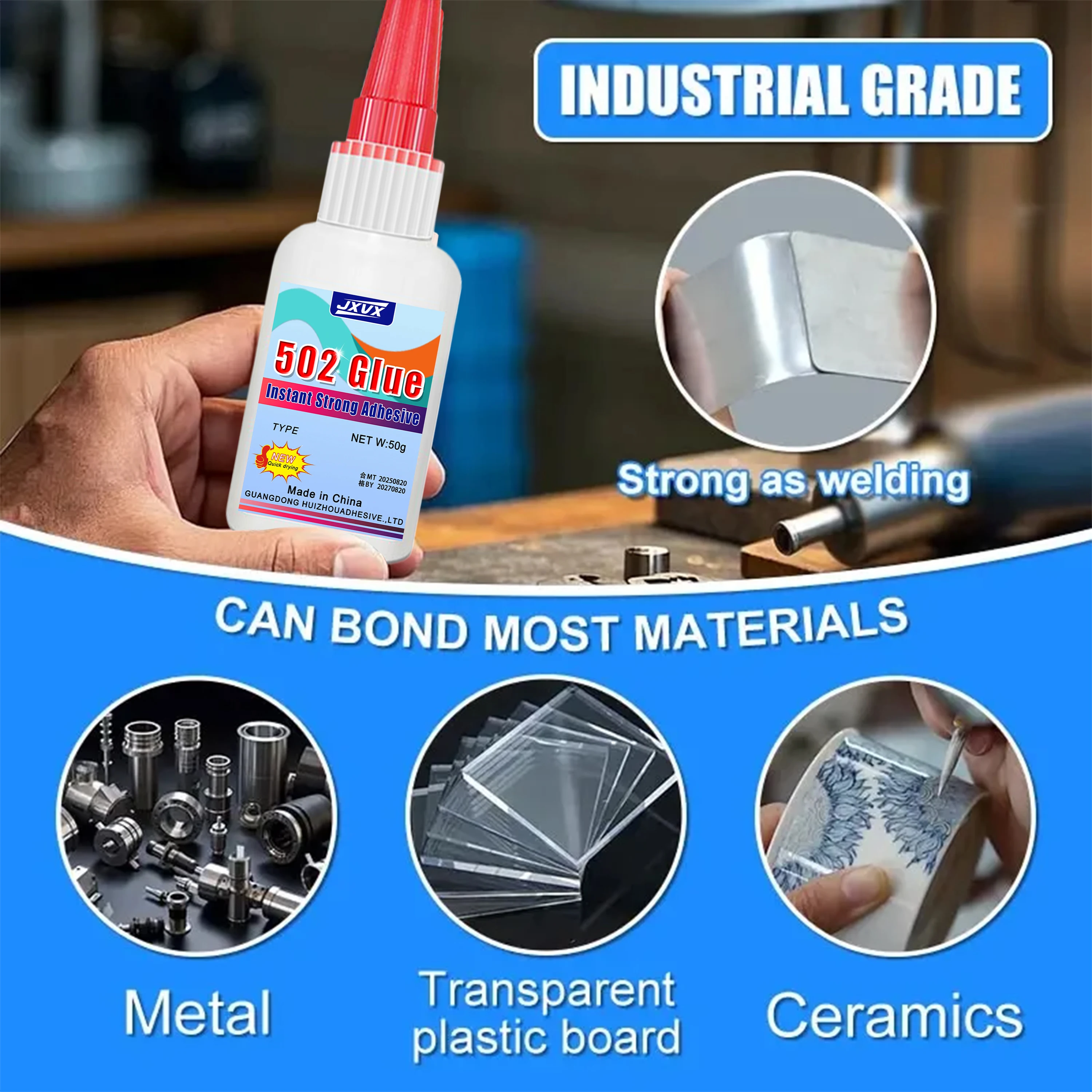 【502 Super Glue 50g Set】Lem Sianokrilat Pengering Instan untuk Mainan, Perakitan Furnitur, Perbaikan, dan Pengikatan Logam, Plastik, dan Kaca