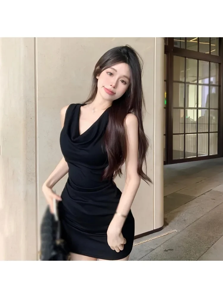 Versión coreana, vestido ajustado Sexy a la moda de Color sólido para mujer, vestido ajustado sin mangas con cuello oscilante de verano, vestido ajustado con chaleco