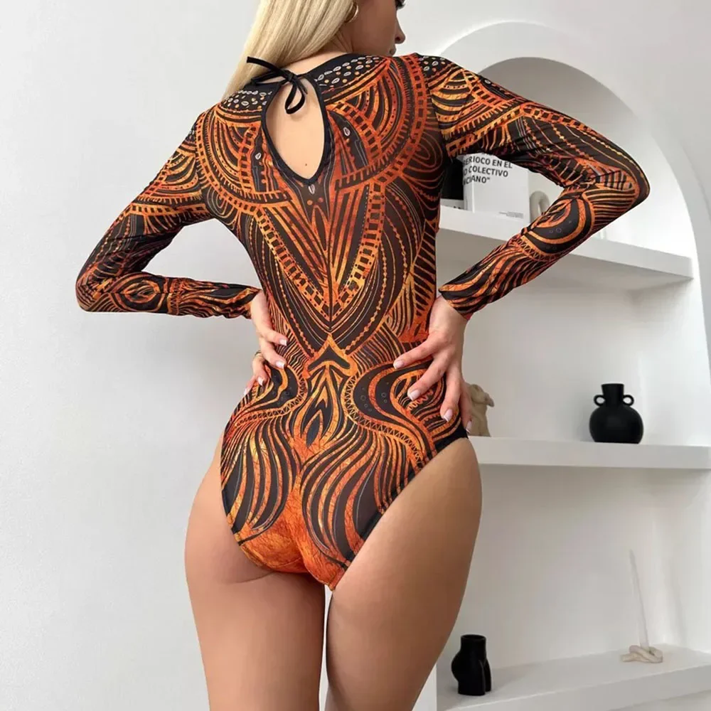 Trajes de baño de una pieza de manga larga acolchados con cuello redondo y estampado retro para mujer Trajes de baño de corte alto Traje de baño Body