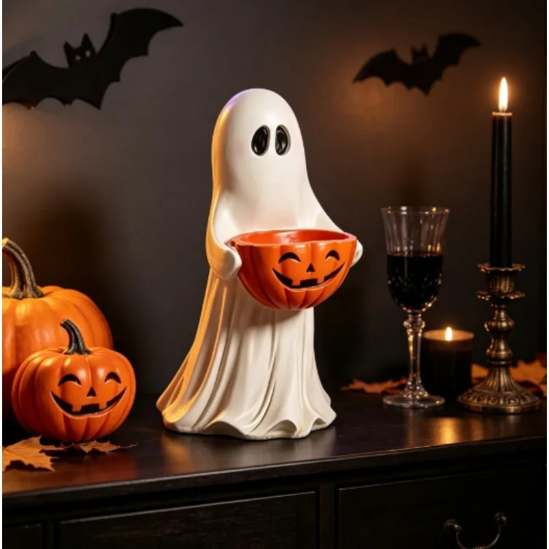 1PCS  Ghost Figurine With Pumpkin Bowl Hard Resin Candy Dish For Tiered Tray Window Autumn Harvest Halloween Indoor Decor Prop