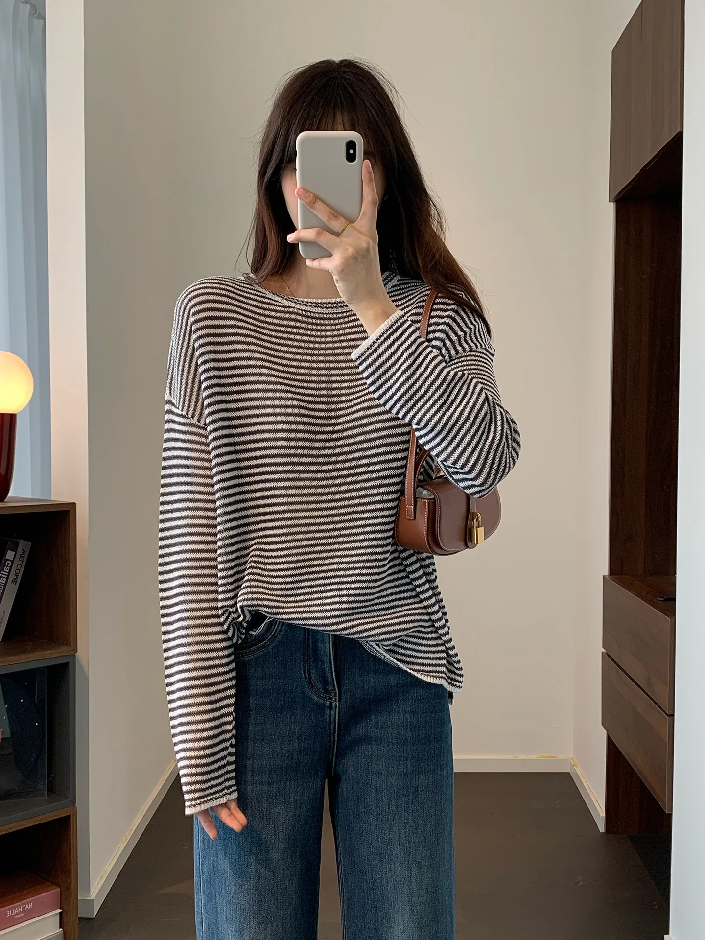 

Loose Long Sve Knitted irt Simple round Ne Dry Feeling Versatile Paper Fabric Drapey Top Women's Spring Breathable Stripe