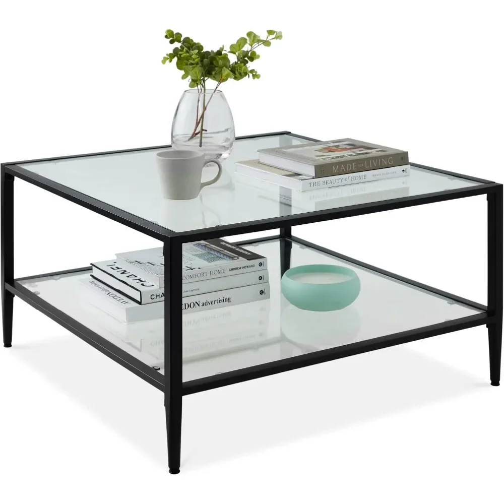 

32” Square Glass Coffee Table, Large 2-Tier Accent Furniture for Living Room, Bedroom w/Metal Frame, Glass Shelves