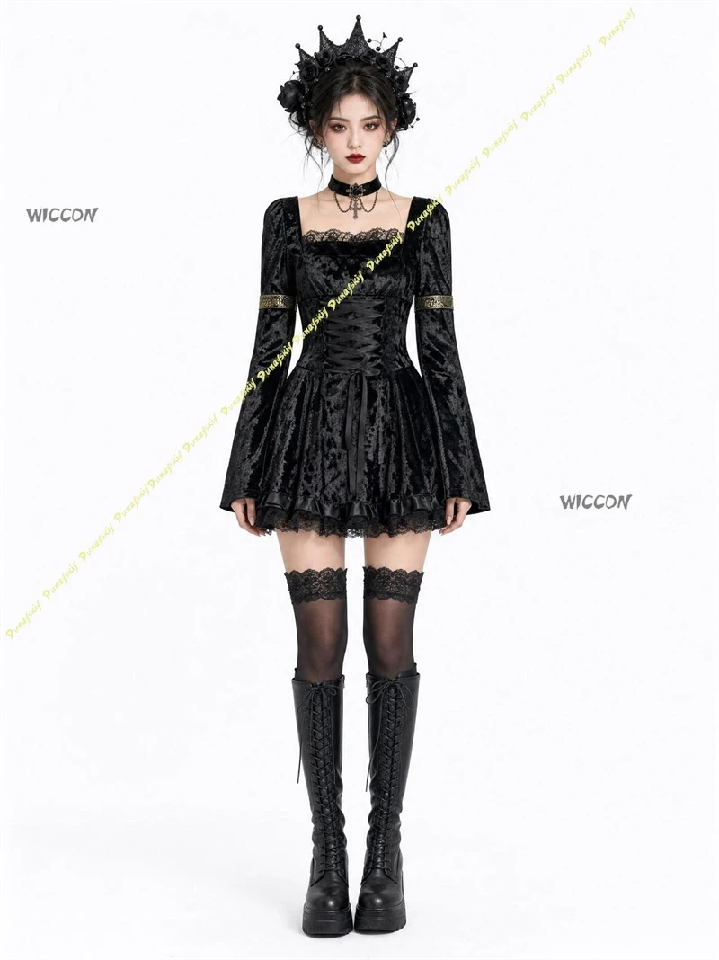 

Women Gothic Dark Lace Vampire Dress Little Devil Halloween Cosplay Costume For Stage Performance Theme Party Outfit