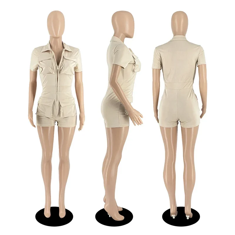 Streetwear กระเป๋าซิปกางเกงขาสั้น Jumpsuit เสื้อผ้าผู้หญิงแขนสั้น Skinny Cargo Playsuit ฤดูร้อน Casual One ชิ้น Romper