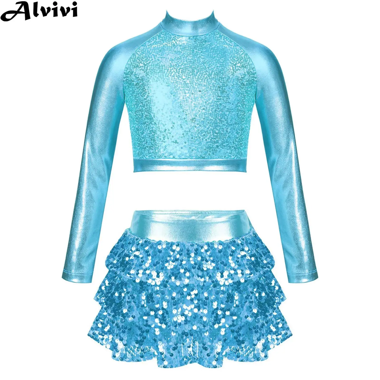 

Children Girls Hip Hop Jazz Dance Performance Dancewear Long Sleeve Shiny Sequin Metallic Crop Top with Tiered Culottes Set