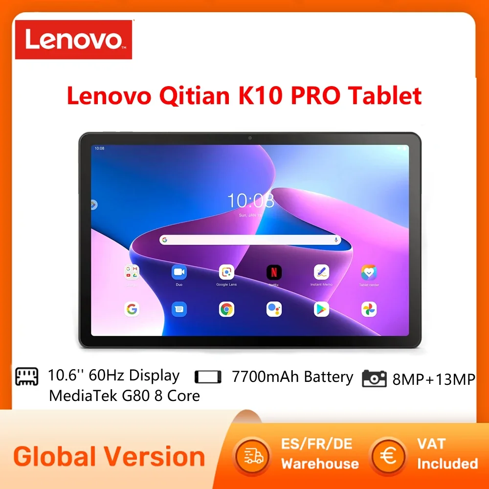 Lenovo Qitian K10 Pro Tablet Pad Global Version 10.6'' 60Hz Display MediaTek G80 8 Core Max 1.8GHz Android 12 4GB 128GB 7700mAh