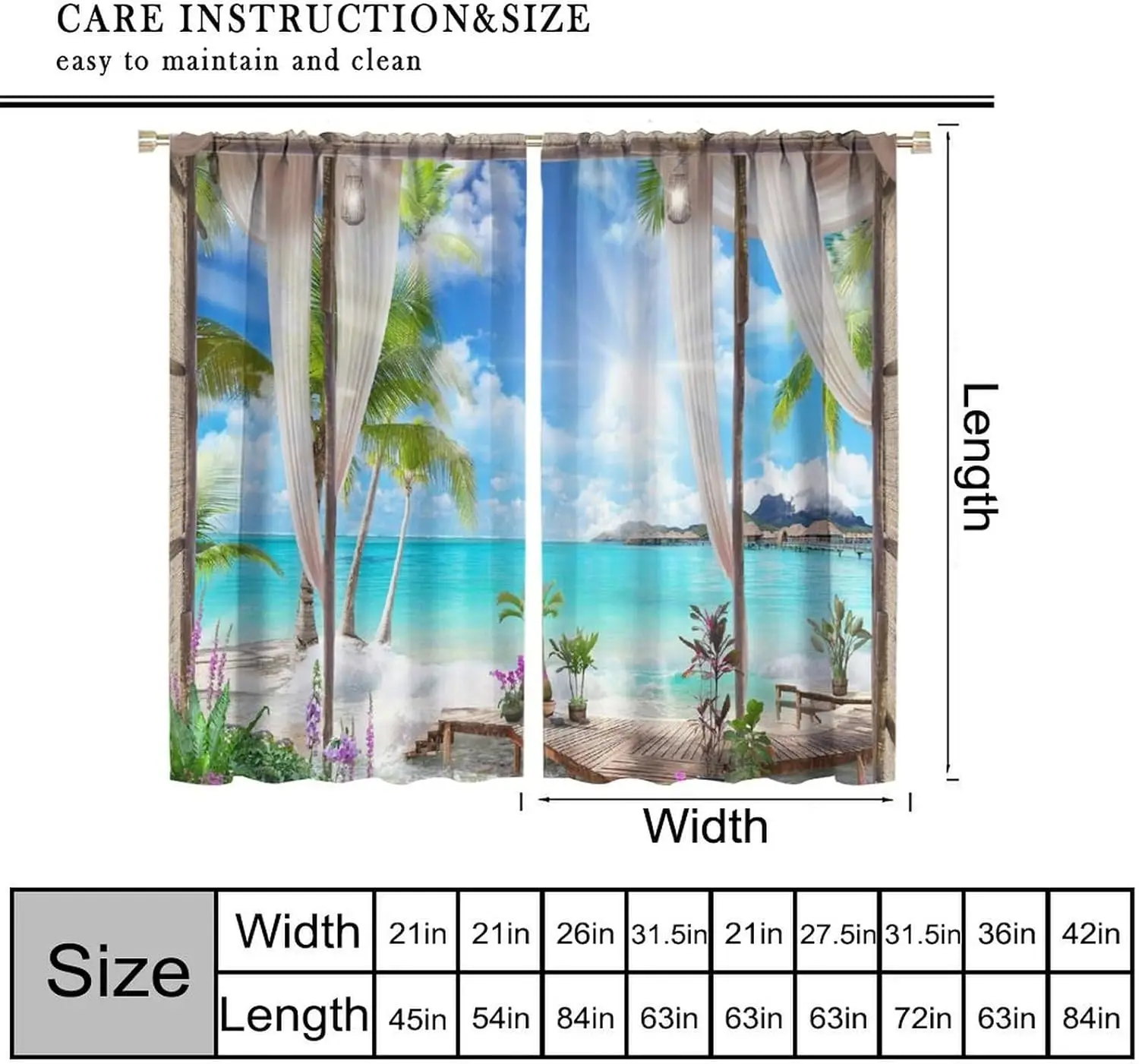 Sunlight Beach Curtains,Tropical Ocean Sea Island Palm Tree Summer Scape Pattern Drapes Window 2 Panel Rod Pocket Curtain for