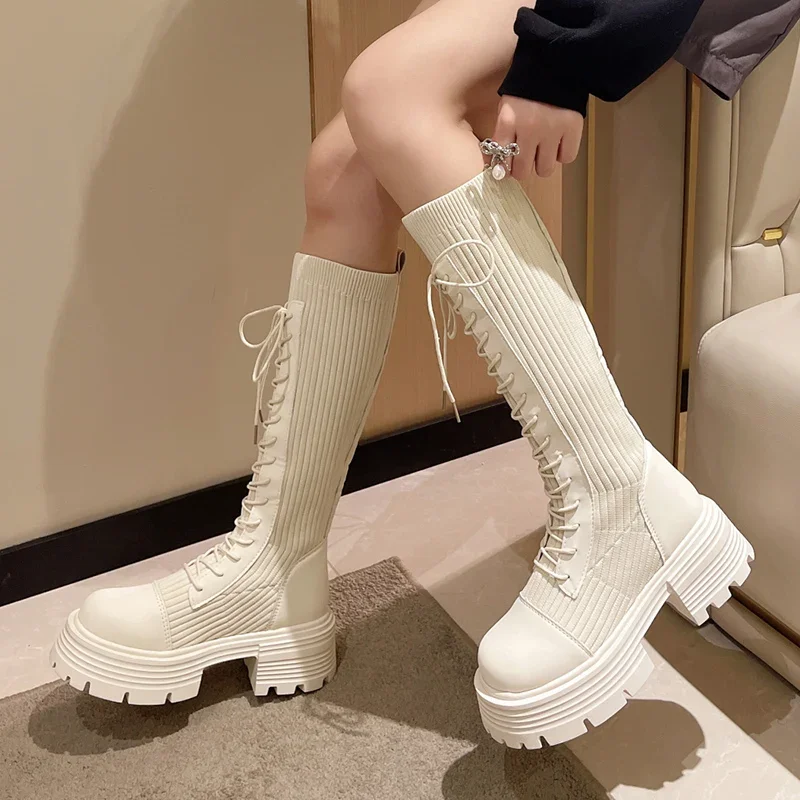 

Autumn Winter Chunky Long Boots 2023 New Women Thick-soled Stretch Knitted Knee-High Boots Woman Platform Shoes
