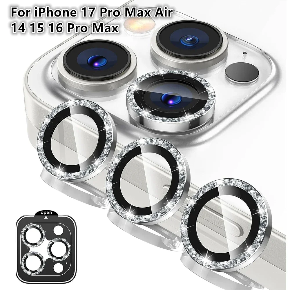 Glitter Camera Lens Protector Cover For iPhone 17 Pro Max Air 14 15 16 Pro Max 15Pro 15 16 Plus 14Pro Tempered Glass Protection