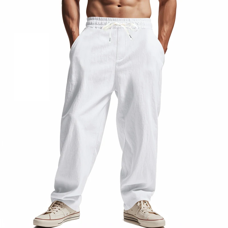 

New men's loose linen trendy wide-leg simple and casual high street all-season light luxury breathable long pants