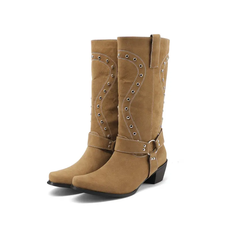 Retro British Style Women High Tube Boots Rider Boots Rivet Decor Belt Buckle Slip On Western Cowboy Boots Long Boot