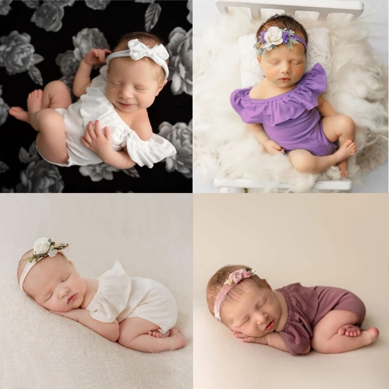 Newborn Photography Props Outfits Baby Girl Photo Shooting Romper+Headband 0-3 Months Baby Studio Photography Backdrop Clothes