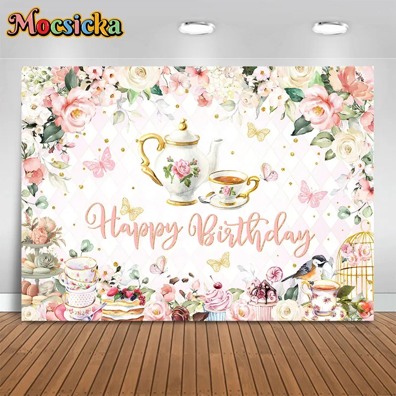 

Mocsicka Girls Birthday Party Photography Backdrop Afternoon Tea Floral Teacup Background Cake Smash Photo Banner Studio Props