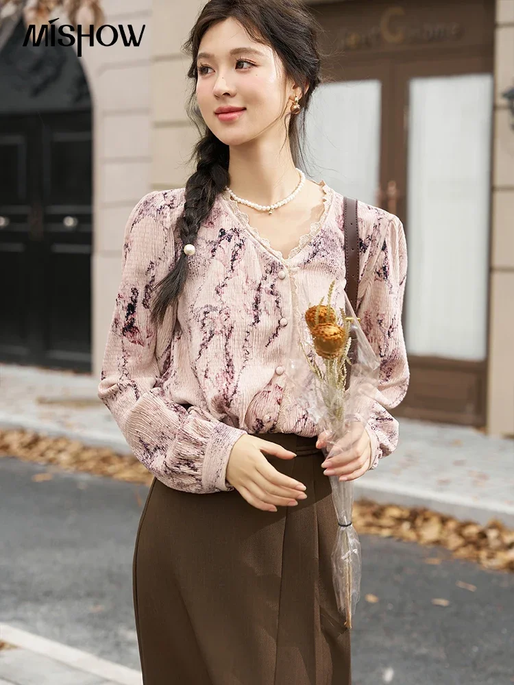 MISHOW French Lace Patchwork V Neck Shirt for Women 2024 Autumn Long Sleeve Floral Print Blouse Cute Office Lady Tops MXC51X1308