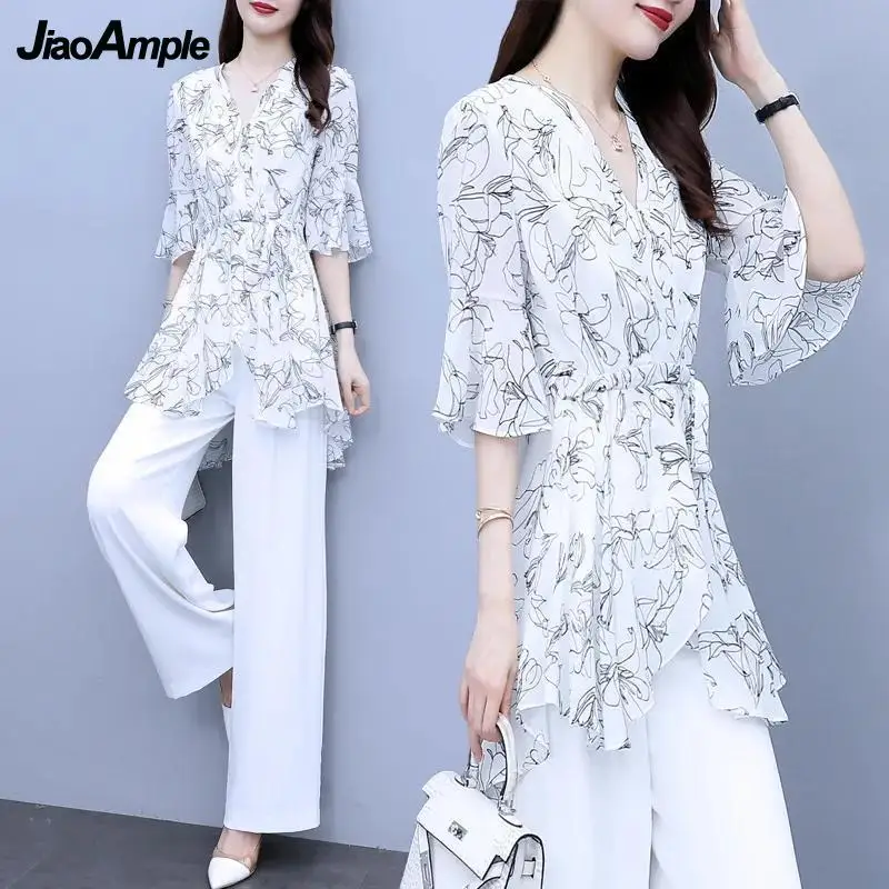 Women's Summer Fashion Wide Leg Pants Suit 2024 New Casual Lotus Leaf Sleeve Shirt Top Trousers Two Piece Korean Elegant Set