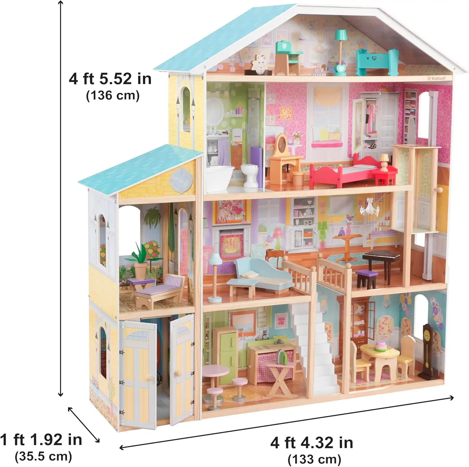 Mansion Wooden Dollhouse W/ 34-Piece Accessories, Working Elevator and Garage, Gift for Ages 3+