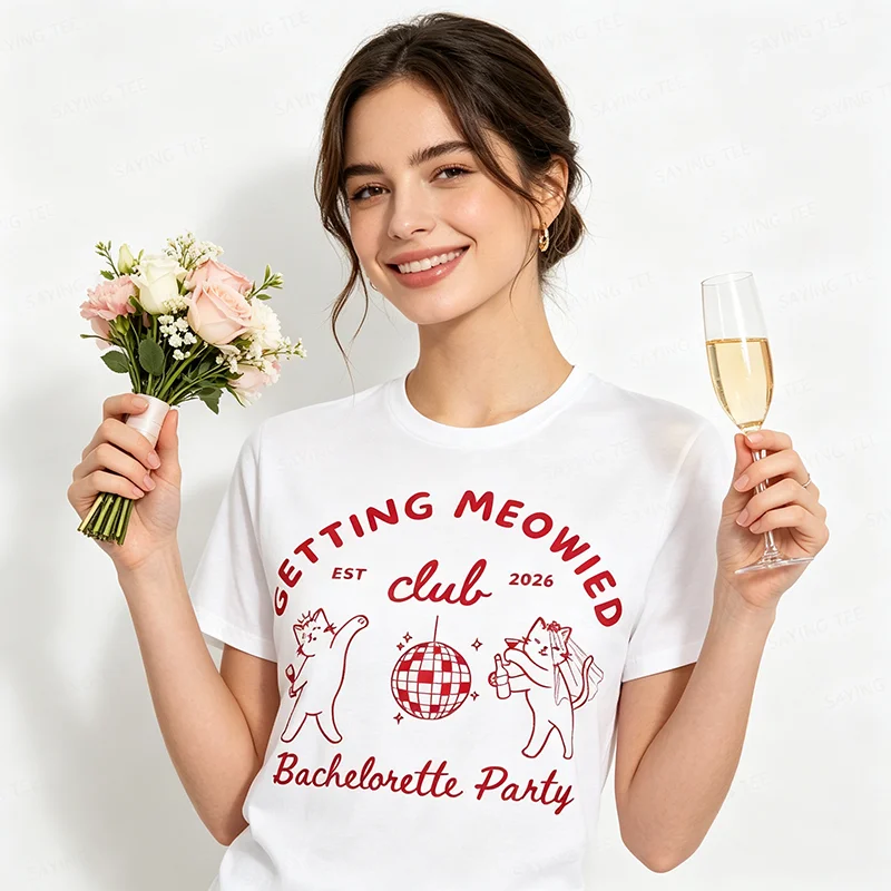 Getting Meowied Club Est 2026 Lustiges Katzen-T-Shirt für Junggesellinnenabschiede, Y2k-Humor, Katzen-Thema, Geschenke für Braut und Brautjungfern – Detail 6