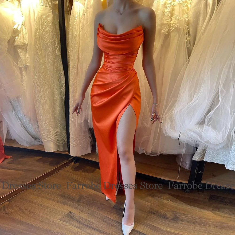 

Sexy Cocktail Dresses Satin Sheath/Column Beach Dress Orange Strapless Pleat Side Split Tiered Simple Prom Midi Gown 2025