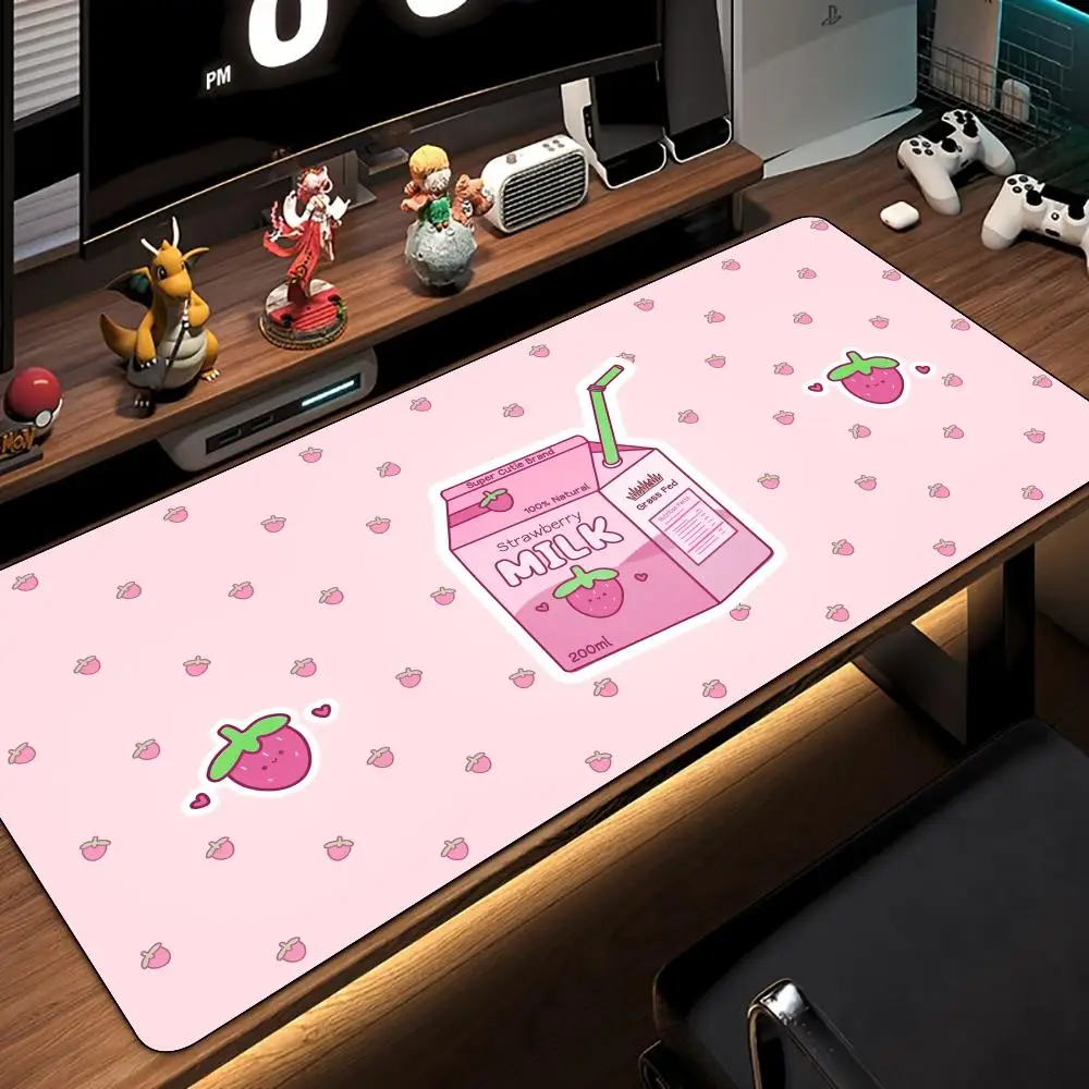 Cute Pink Strawberry Milk Large Gaming Mouse Pad Sweet Cartoon Fruit Drink Non‑Slip Rubber Extended Keyboard Desk Mat for Girls
