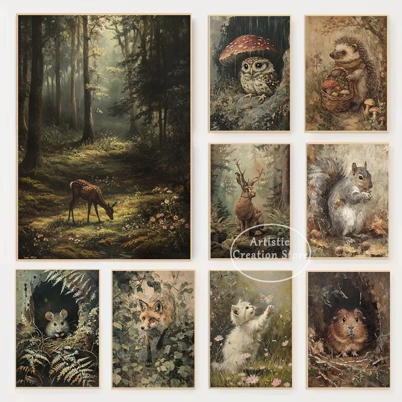 Vintage Boho Dark Forest Realm Fantasy Animals Deer Jackalope Owl Hedgehog Poster Canvas Painting Wall Art Pictures Home Decor