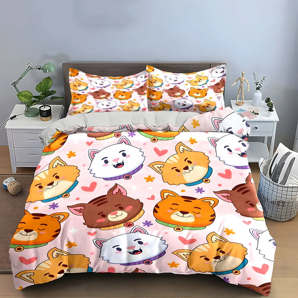 3Pcs Kawaii Mixed Cat Face Heart Duvet Cover Set, Pastel Pink Kids Kitty Bedding Includes 1 Duvet Cover And 2 Pillowcase, Gift