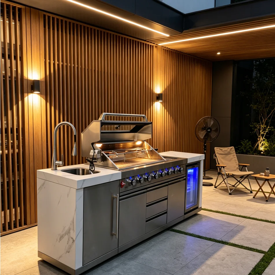 304 Stainless Steel Outdoor Kitchen Cabinet with Tempered Glass Window Gas BBQ Grill and LED Lighting Marble Countertop