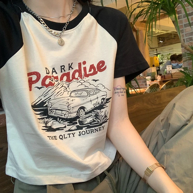 

Summer Short-Sleeve Cropped Top Grunge Clothes Vintage Letter T-shirt Aesthetic Slim Girl Y2k Streetwear