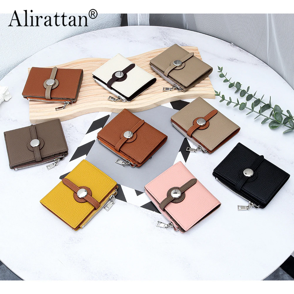 Alirattan Short Wallet for Women 2025 New Color Blocking Wallet Card Slots Large Capacity Zipper Genuine Leather Coin Purse