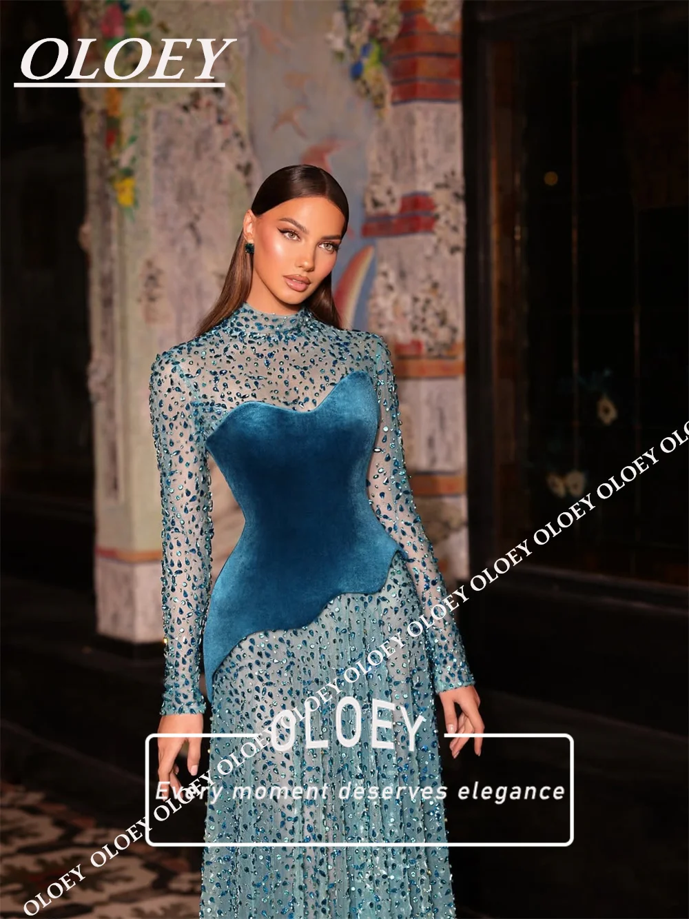 OLOEY Luxury Green Crystals A-Line Formal Evening Dress See Through Long Sleeves Wedding Prom Party Gown 2026 Customized