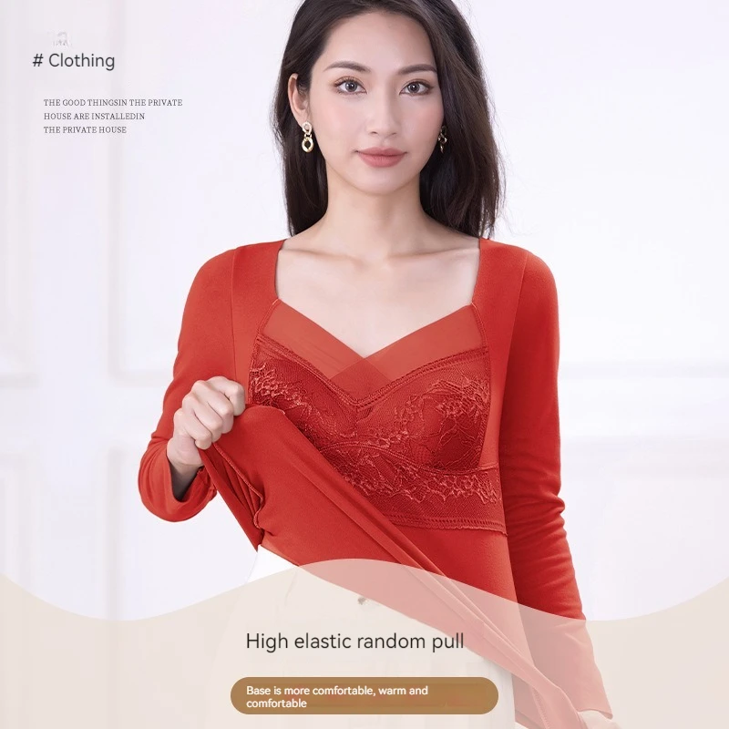 Autumn and Winter New German Velvet Warm Bottom Integrated Bra Lace Long Sleeve Comfortable Underwear for Women