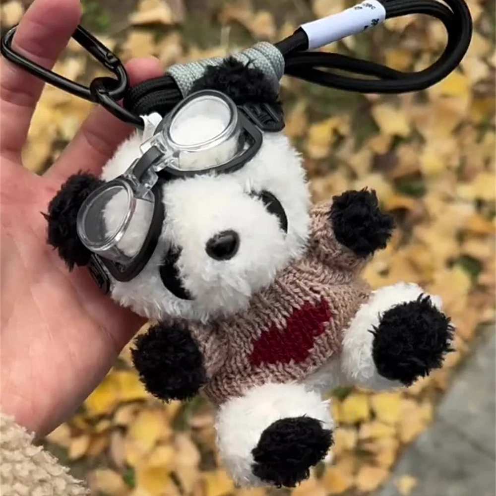 Pilot Panda Key Chain Cute Knitted Plush Doll Car Key Chain Creative Bag Pendant Girl Gift Creative Doll Sunglasses Stuffed Doll